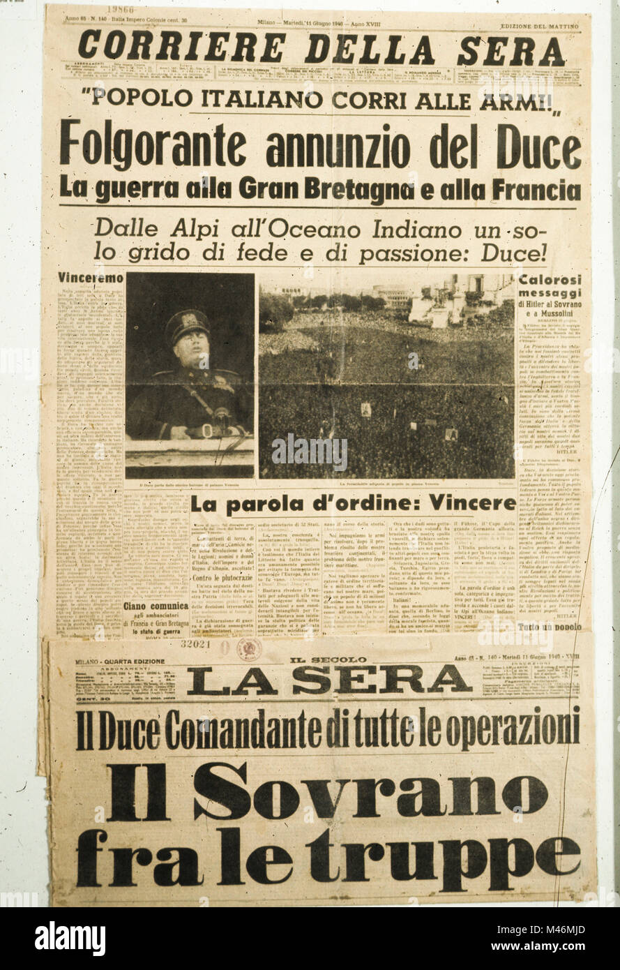 Corriere della sera, la dichiarazione di guerra contro la Francia e Inghilterra, 1940 Foto stock - Alamy