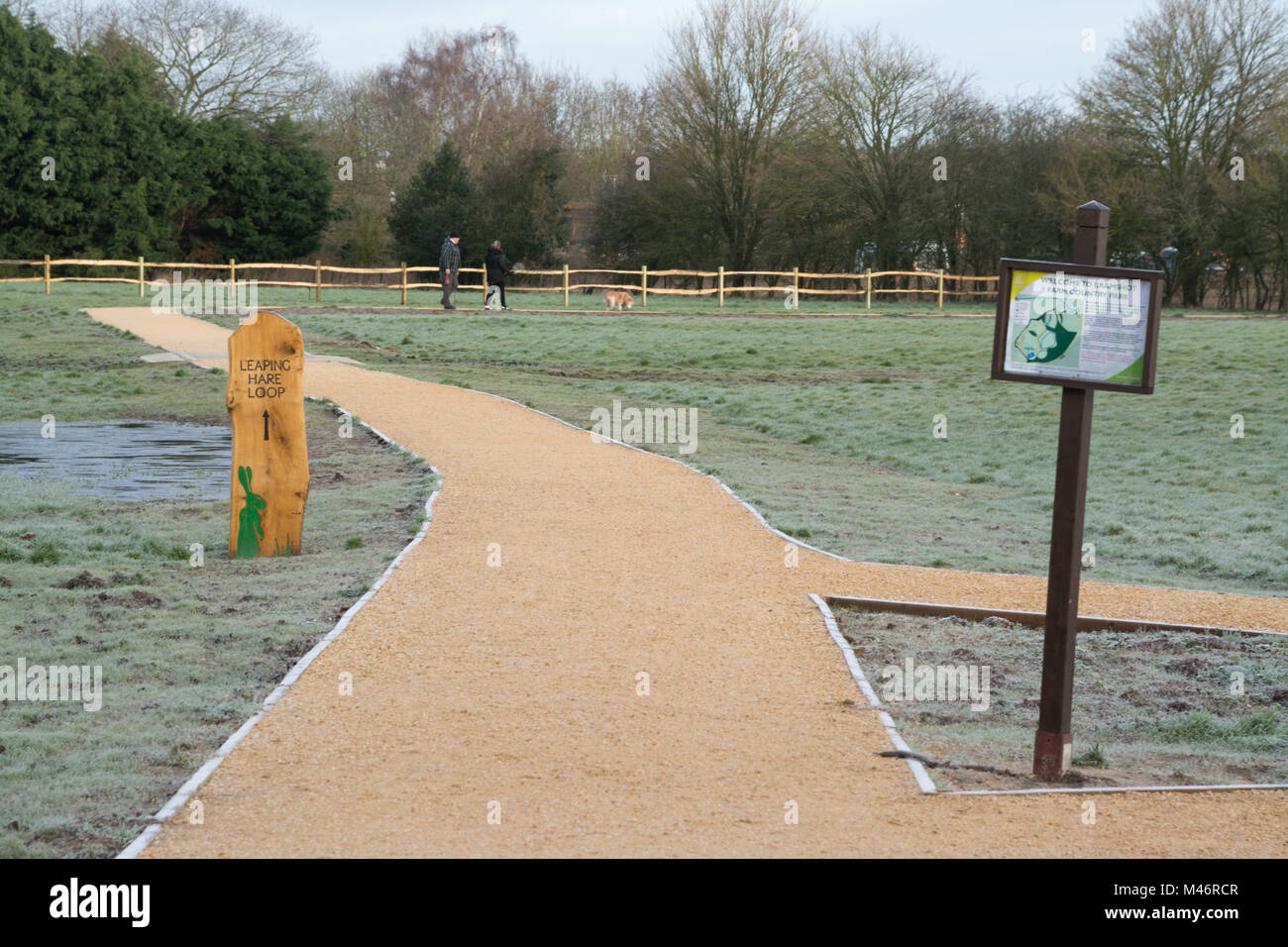 La gente camminare il loro cane presso il recentemente aperto Bramshot Agriturismo Country Park vicino a Fleet in Hampshire, Regno Unito, su un gelido inverno mattina Foto Stock