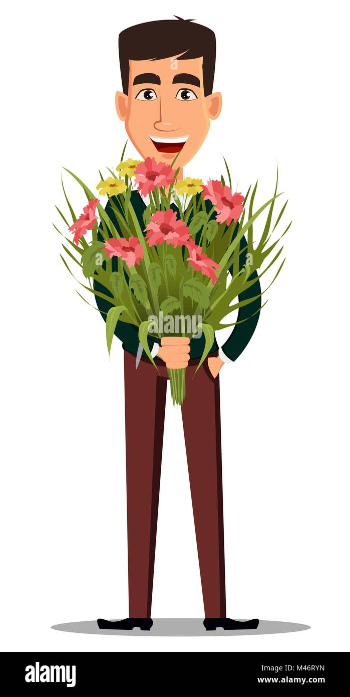Cartolina per il 8 Marzo (giorno della donna). Uomo bello tenendo un mazzo di fiori. Illustrazione Vettoriale Illustrazione Vettoriale