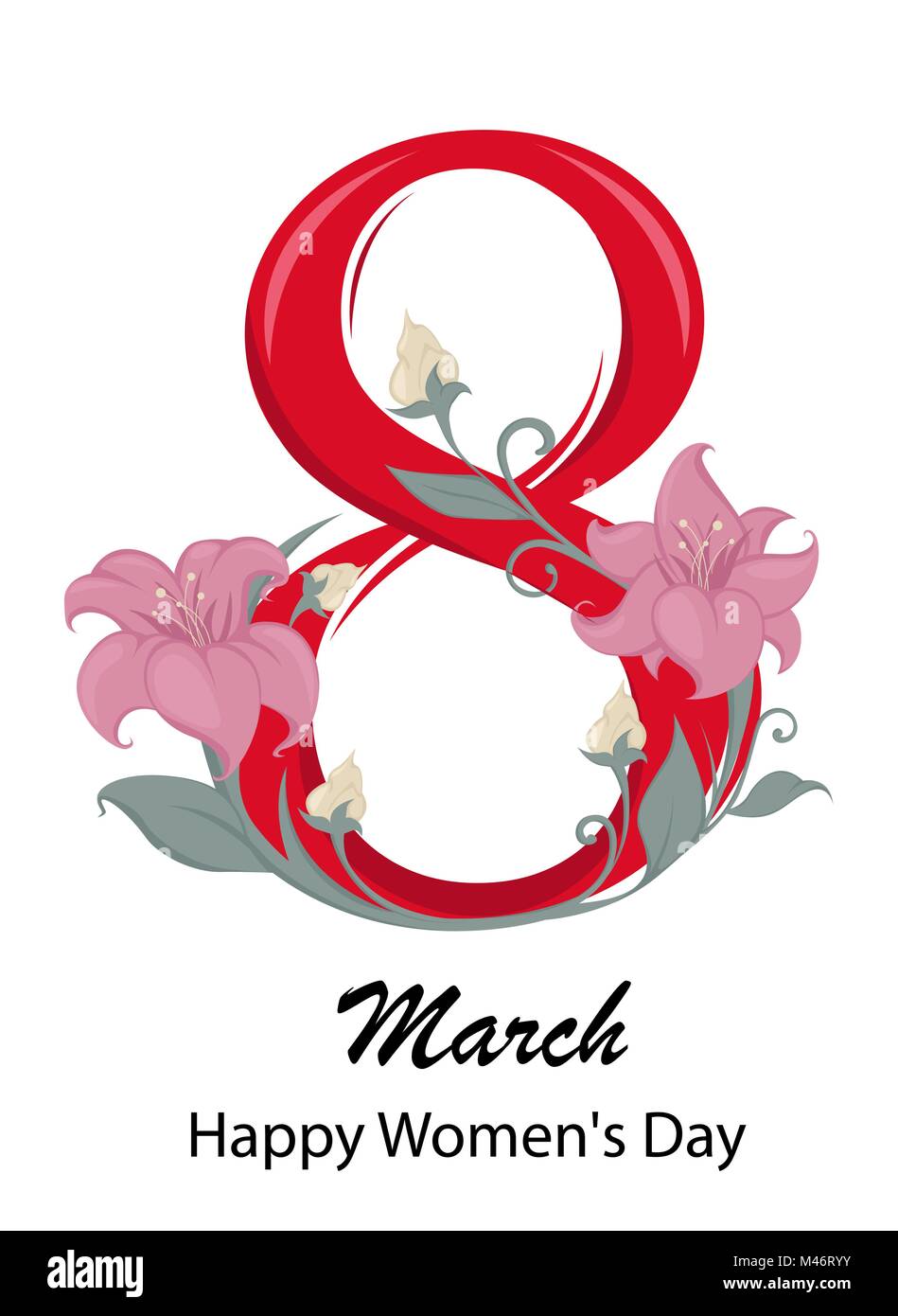 Cartolina per il 8 Marzo (giorno della donna). Rosso di otto cifre con splendidi fiori delicati e parole di saluto. Illustrazione Vettoriale Illustrazione Vettoriale