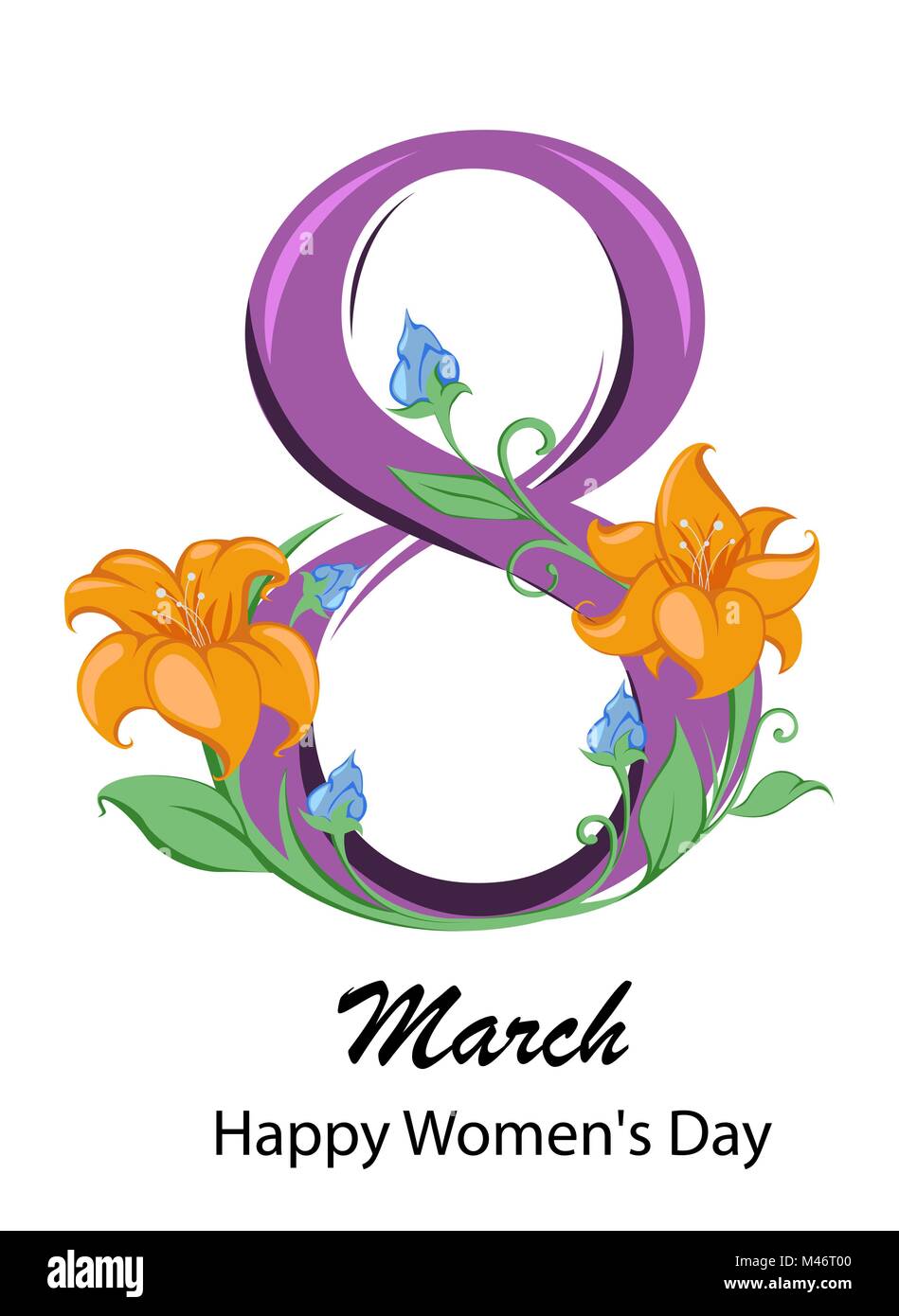 Cartolina per il 8 Marzo (giorno della donna). Viola otto cifre con splendidi fiori delicati e parole di saluto. Illustrazione Vettoriale Illustrazione Vettoriale