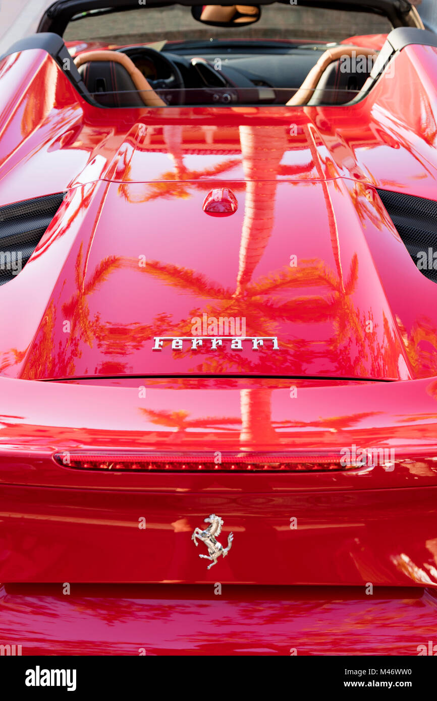 Rosso Ferrari 458 con Palm tree riflessione a 'automobili su 5th' autoshow, Naples, Florida, Stati Uniti d'America Foto Stock