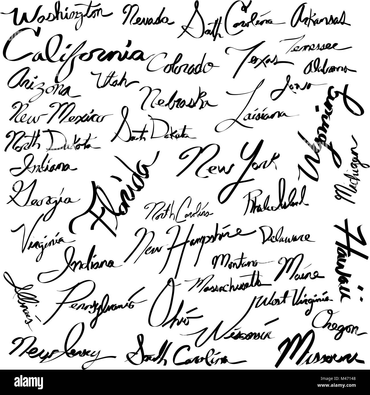 Una immagine di stato USA nomi Calligraphy la scrittura di testo Set. Illustrazione Vettoriale