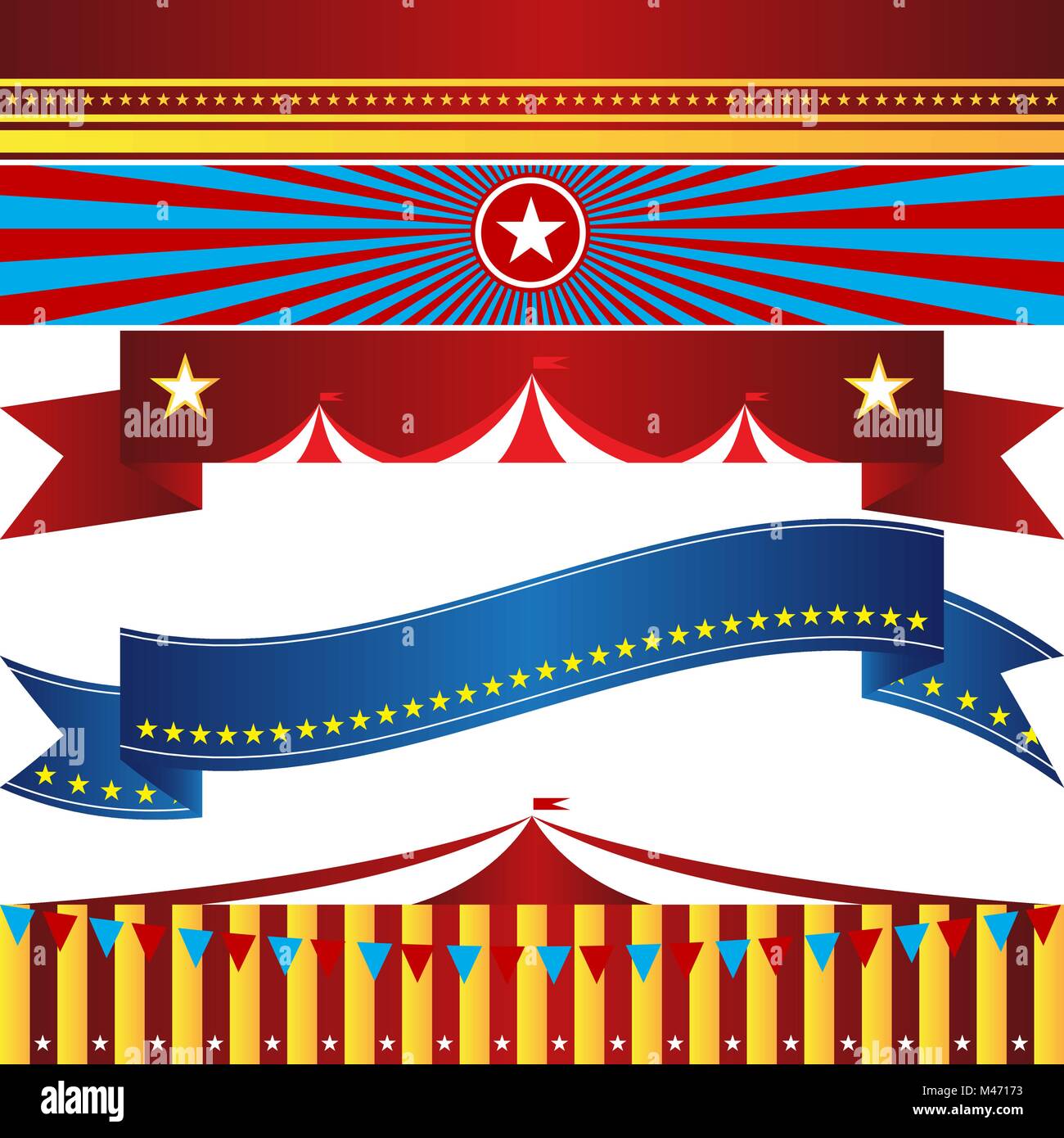 Un'immagine di un insieme di circo banner a tema. I banner sono isolate su uno sfondo bianco. Un totale di cinque bandiere in un tema di carnevale, copia dello spazio. Illustrazione Vettoriale