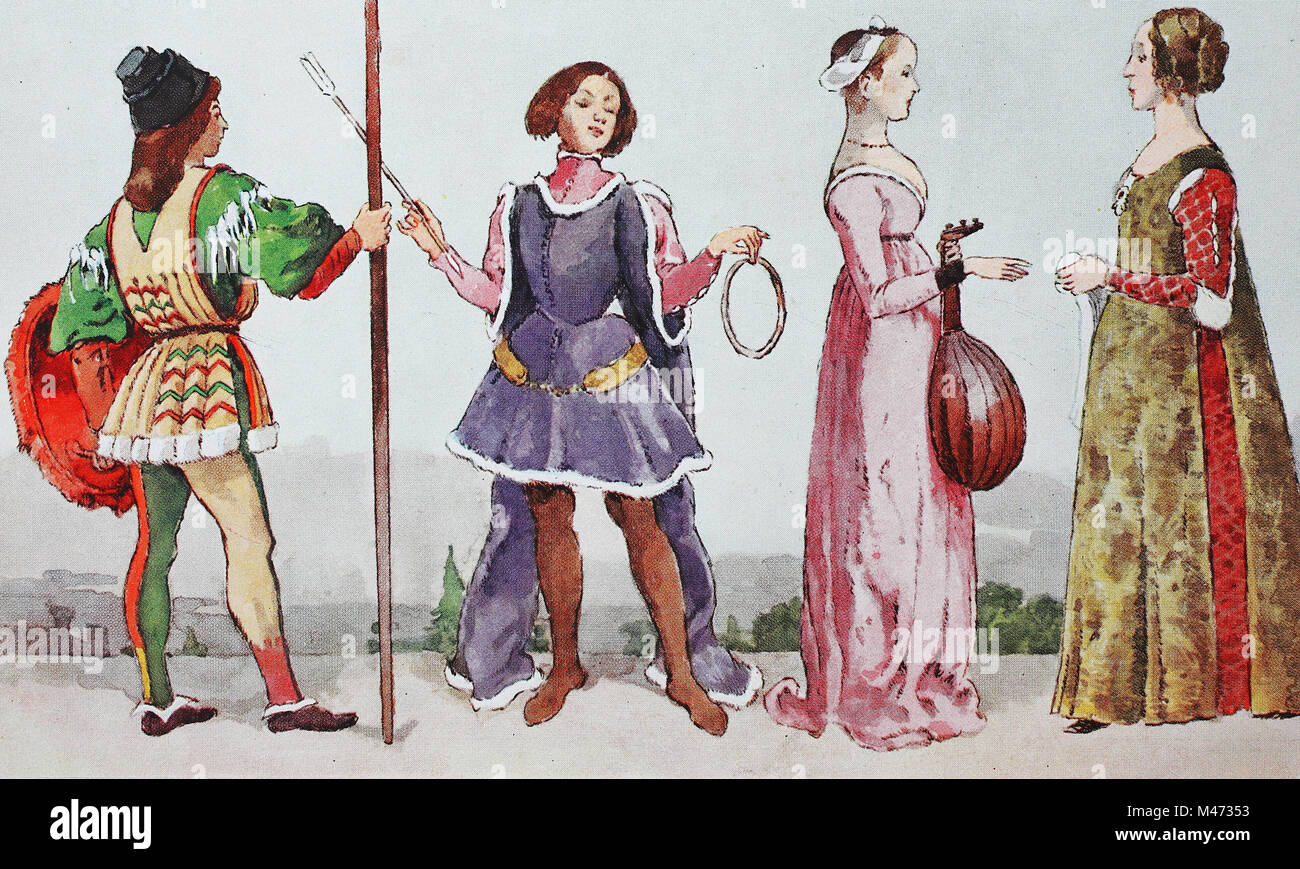 Abbigliamento, la moda in Italia al momento del primo Rinascimento intorno  al 1460-1490, da sinistra, giovani italiani con scudo e lancia quindi un  Ferrareser Stutzer, poi una ragazza in costume Ferrarer e