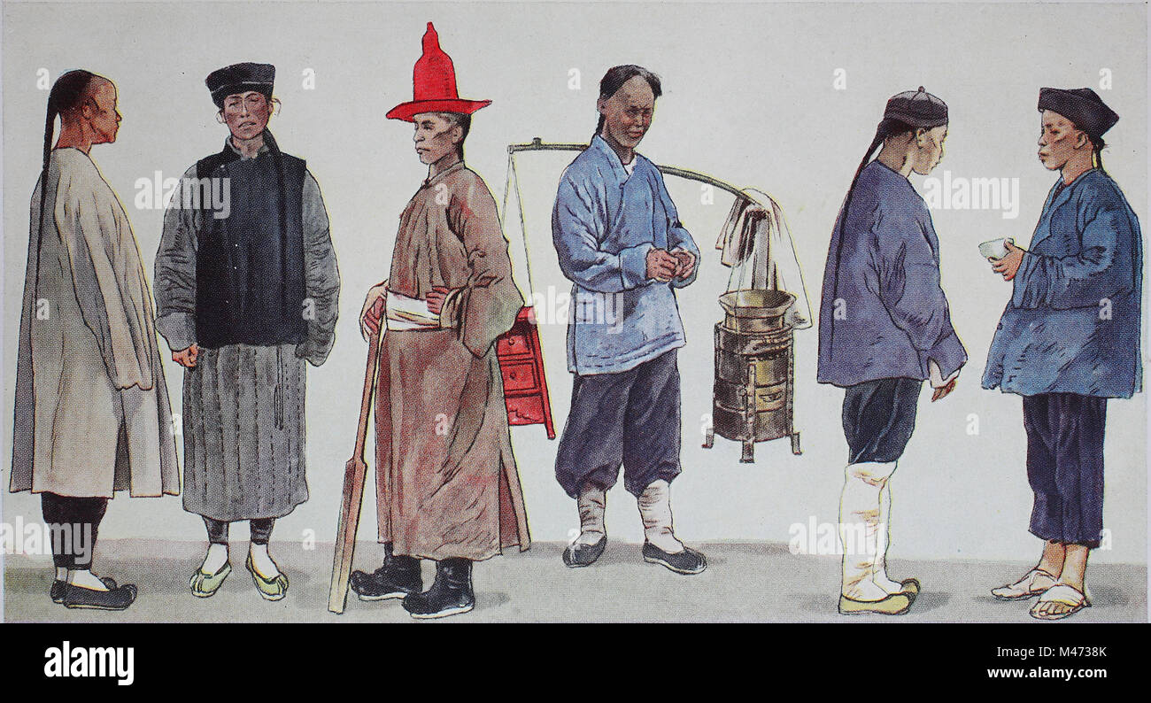 Abbigliamento, Moda in Cina, intorno al XIX secolo, costumi folcloristici,  da sinistra, un servo, un uomo semplice dalla Cina del nord in inverno il  costume, una corte servo, una strada barista in