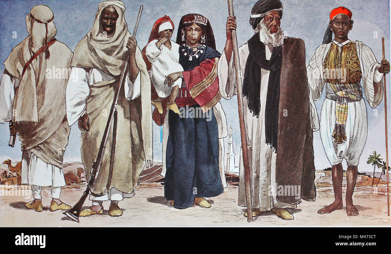 Abbigliamento, Moda in Africa, Egitto, da sinistra, due volte i beduini del  deserto libico, una donna Beduina con bambino, un vecchio capo villaggio e  un runner, prima di nobili cavalieri o vagoni,