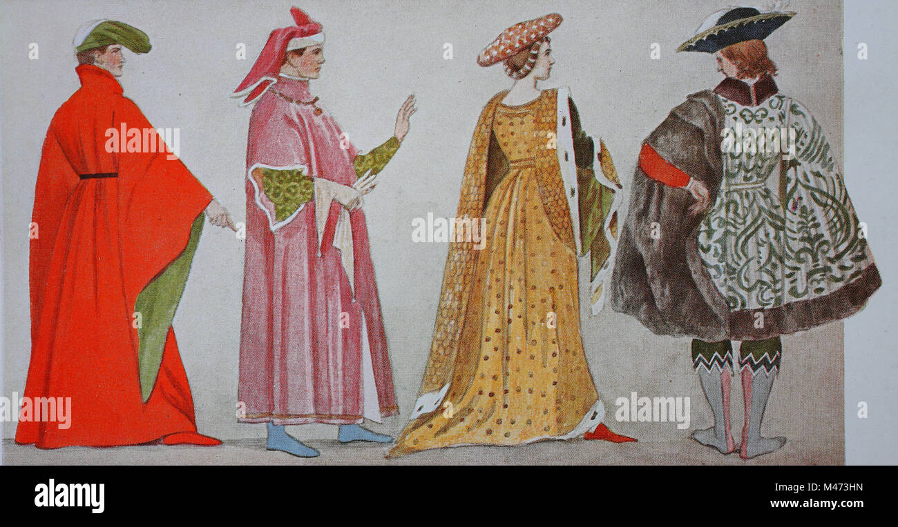 Abbigliamento, la moda in Italia, primo Rinascimento da 1400-1450, da  sinistra, un elegante fiorentino intorno al 1400, un aristocratico  gentiluomo, dopo un dipinto di Fra Angelico nel 1450, una signora intorno al