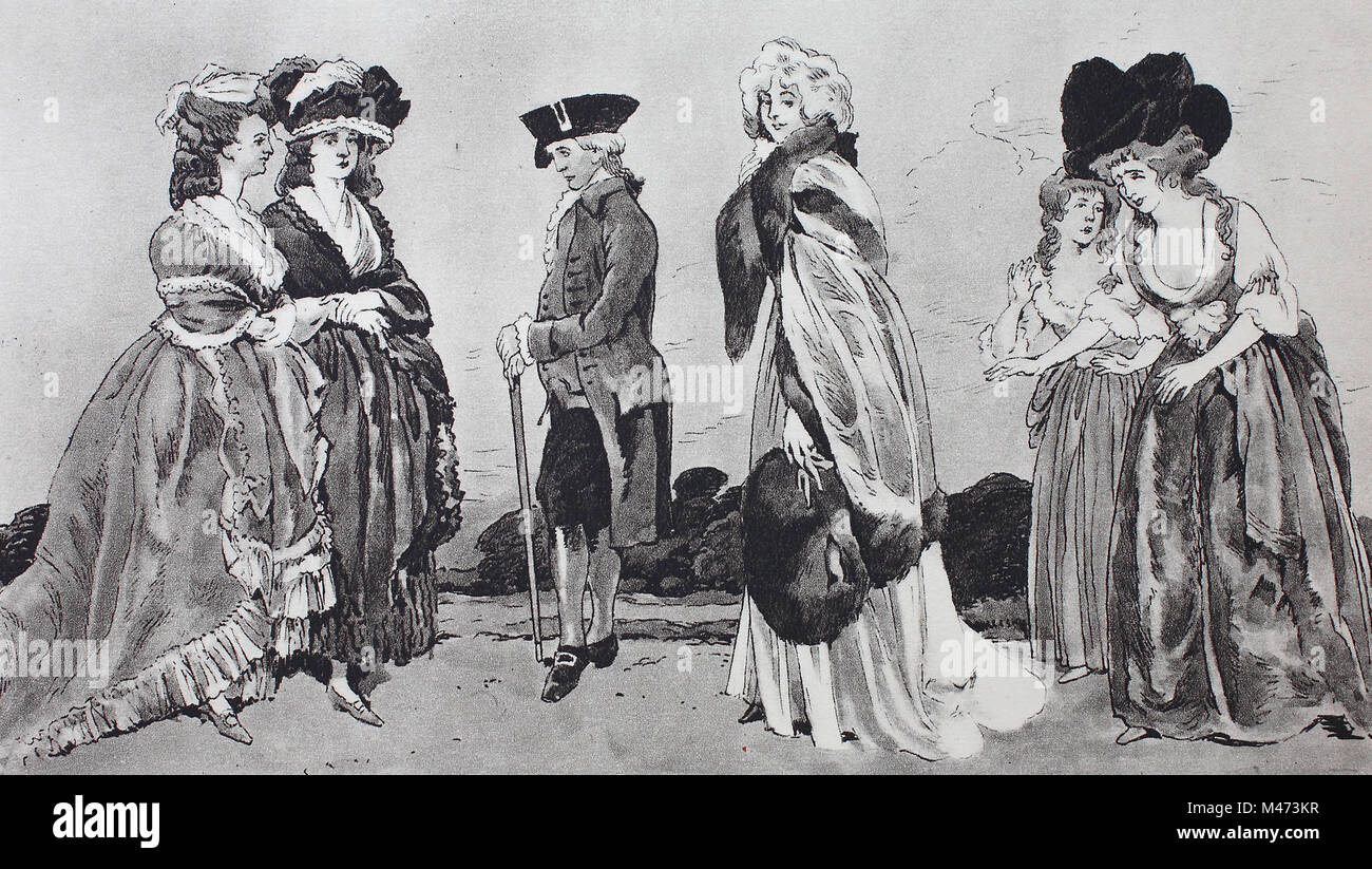 La moda, abbigliamento in Inghilterra, moda inglese intorno al 1770-1795,  nel mezzo, l'attrice di Londra Elisabeth Farren, poi moglie di Lord Derby,  dopo un ritratto di Lawrence, 1792, incisa dal Bartolozzi, digitale