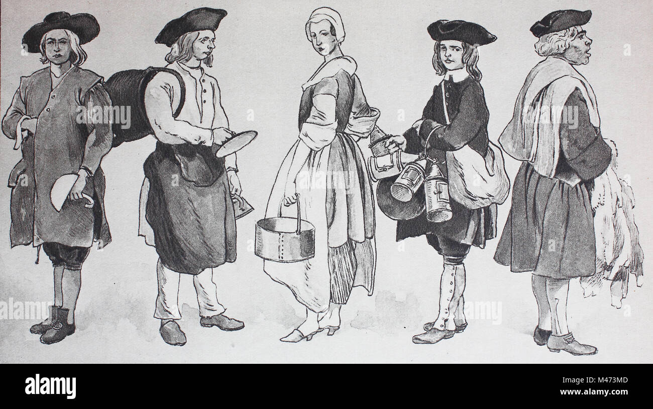 Moda, abbigliamento in Francia, rococò, strada parigina vita attorno al 1740, da sinistra, uno spazzacamino, un ramaio Auvergnatian e tinker, un venditore ambulante con le noci fresche, un concessionario con lanterne a mano e il concessionario con Pelo Coniglio, digitale riproduzione migliorata da un originale a partire dall'anno 1900 Foto Stock