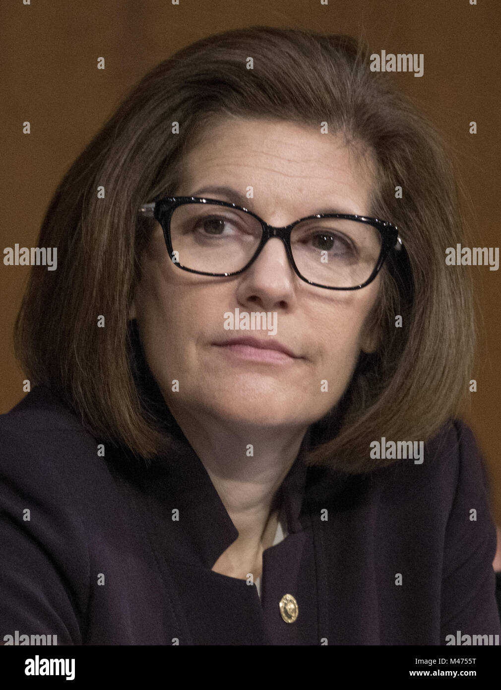Washington, Distretto di Columbia, Stati Uniti d'America. Xiv Feb, 2018. Stati Uniti il senatore Catherine Cortez Masto (Democratico del Nevada) ascolta come quattro candidati testimoniare davanti al Senato degli Stati Uniti di comitato per il commercio, la scienza ed il trasporto su i loro appuntamenti per essere commissari della Commissione federale del commercio (FTC) sul colle del Campidoglio di Washington DC su Mercoledì, 14 febbraio 2018.Credit: Ron Sachs/CNP Credito: Ron Sachs/CNP/ZUMA filo/Alamy Live News Foto Stock