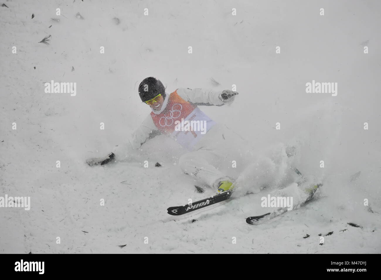 Pyeongchang, Corea del Sud. 15 Feb, 2018. Laura scorze di Australia cade durante il ladies' antenne la qualificazione di sci freestyle a 2018 PyeongChang Giochi Olimpici Invernali a Phoenix Snow Park, PyeongChang, Corea del Sud, Feb 15, 2018. Credito: Lui Siu Wai/Xinhua/Alamy Live News Foto Stock