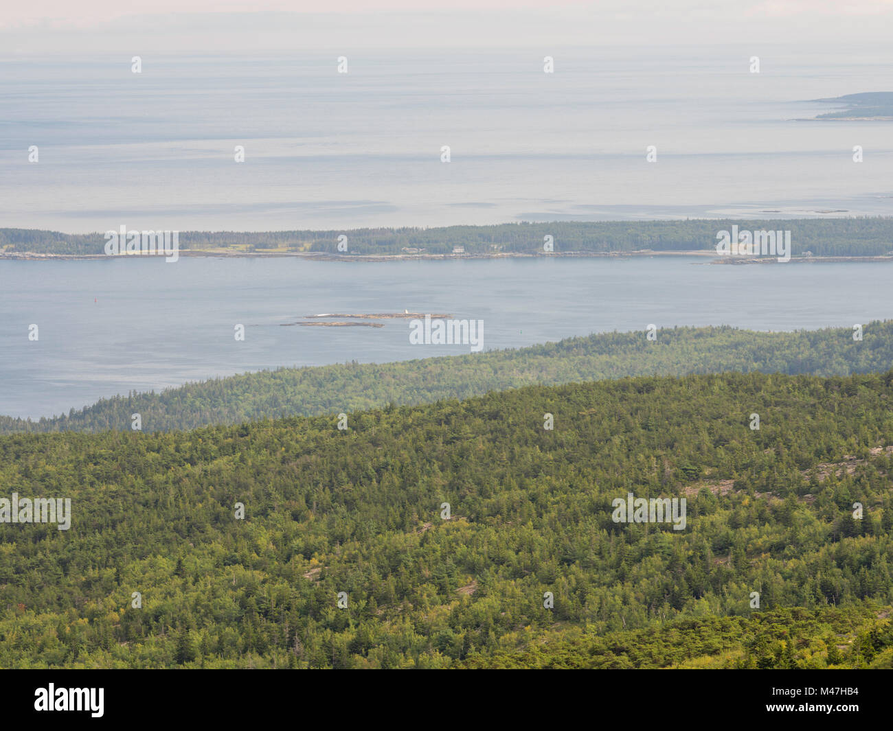 Vista delle isole di mirtillo palustre dalla cima del Cadillac Mountain, Parco Nazionale di Acadia, Maine, Stati Uniti d'America. Foto Stock