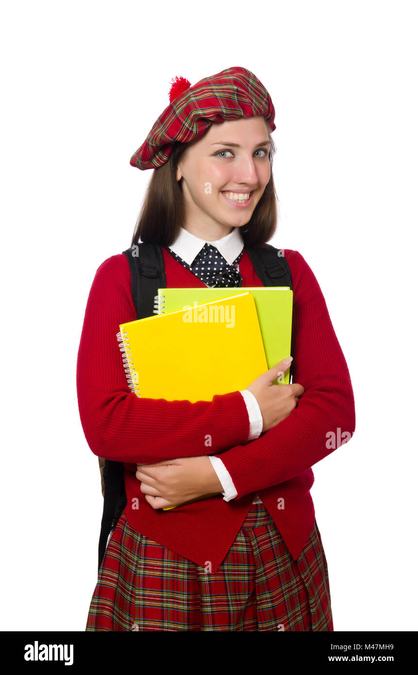 Ragazza in tartan scozzese abbigliamento isolato su bianco Foto Stock