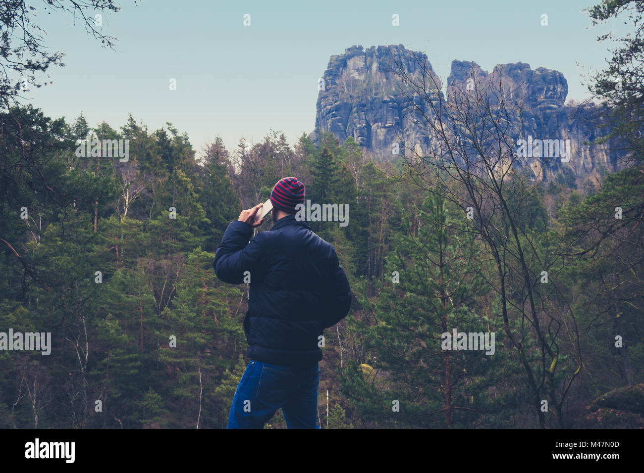 Giovane con telefono cellulare nel paesaggio forestale, Foto Stock