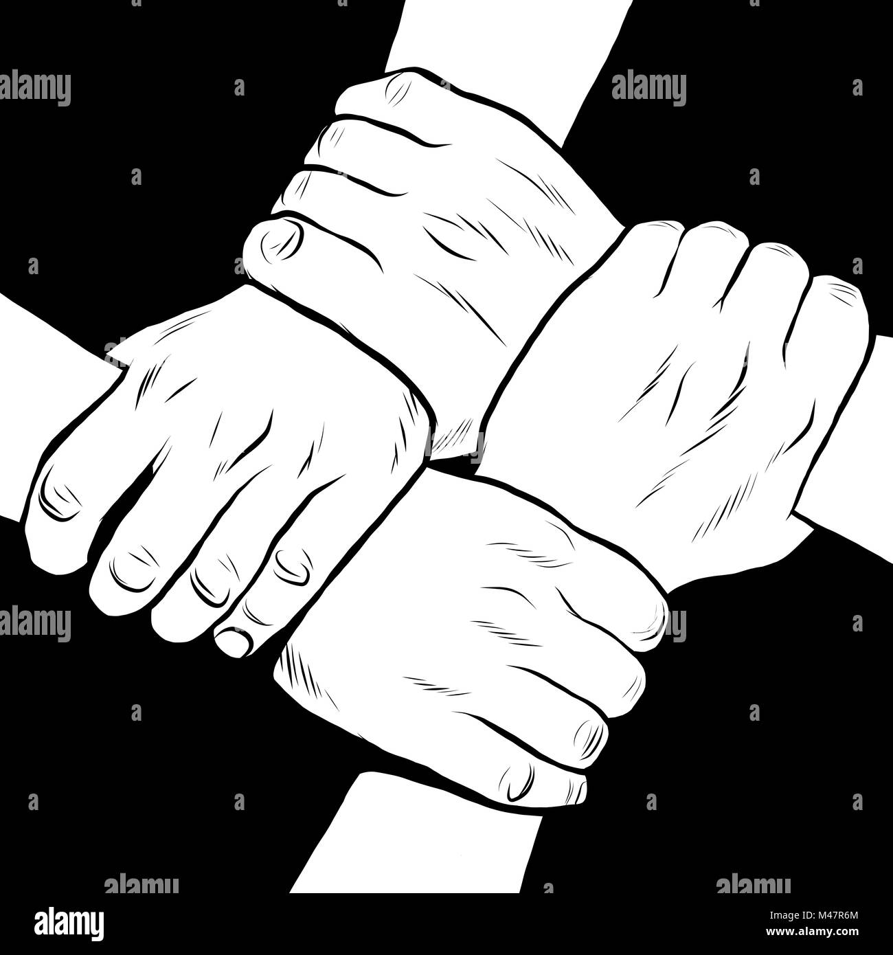 Bianco e nero mani solidarietà amicizia Foto Stock