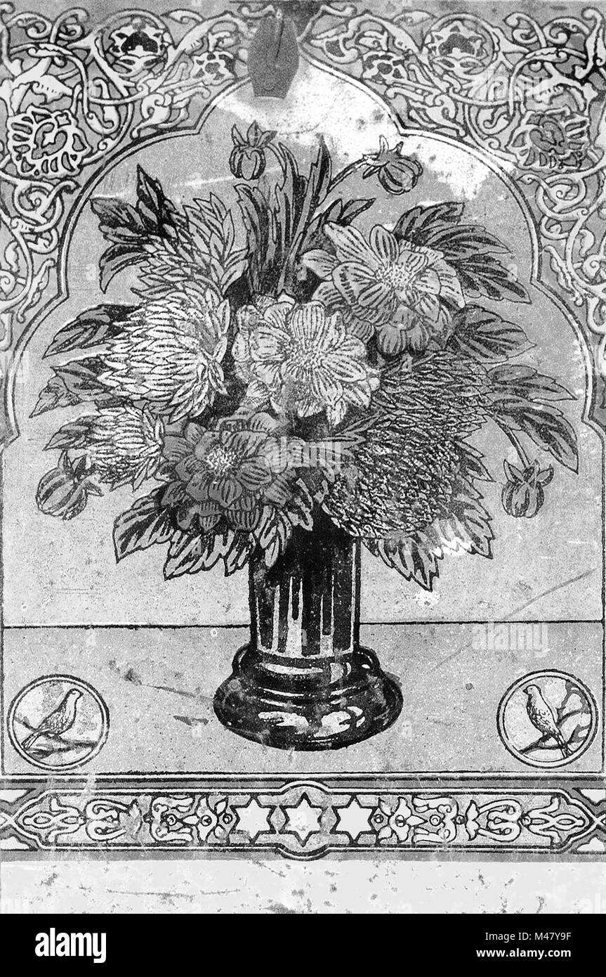 Vecchia piastra di metallo con bouquet di fiori in bianco e nero Foto Stock