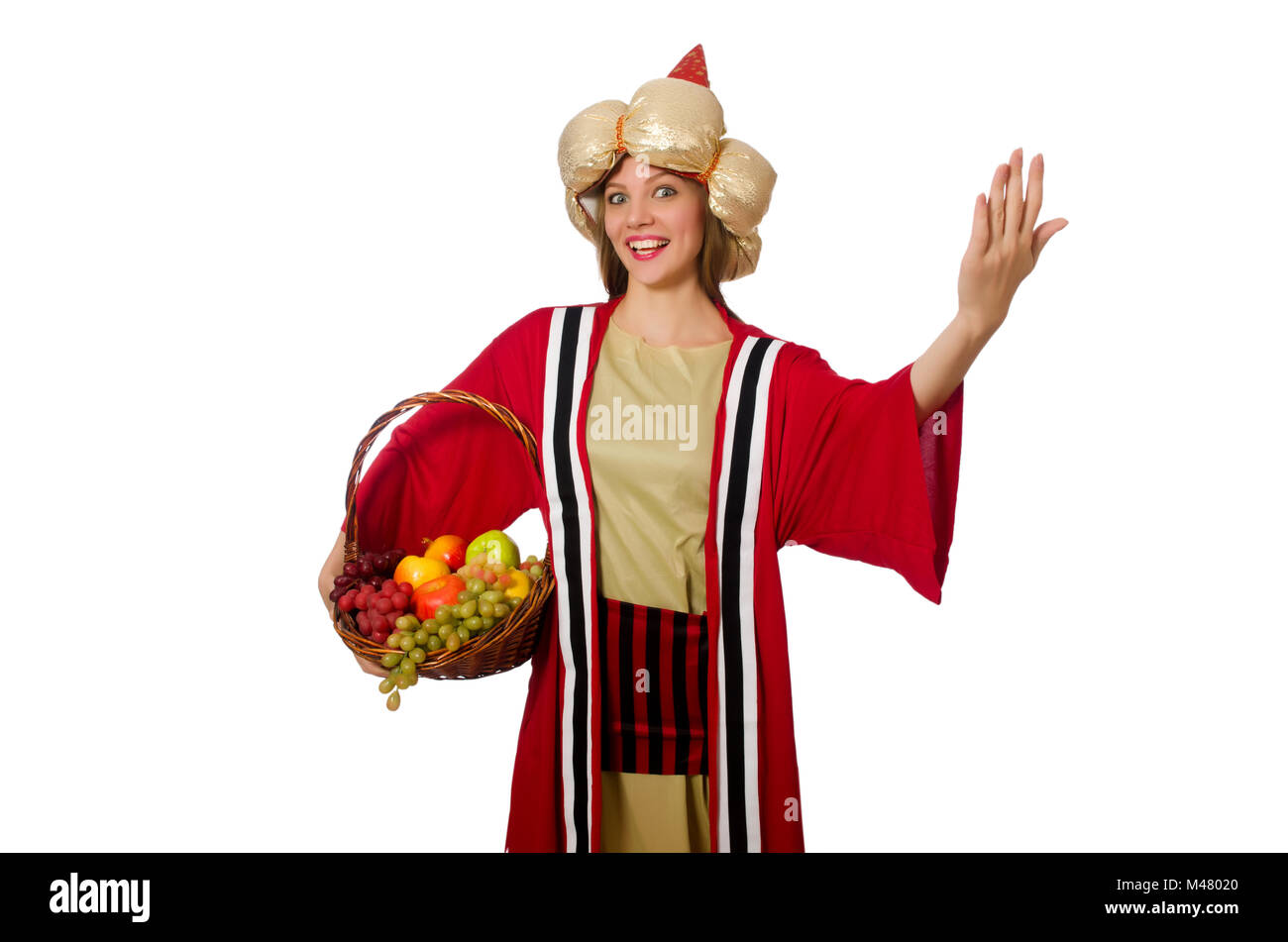 Procedura guidata di donna in abiti rosso isolato su bianco Foto Stock