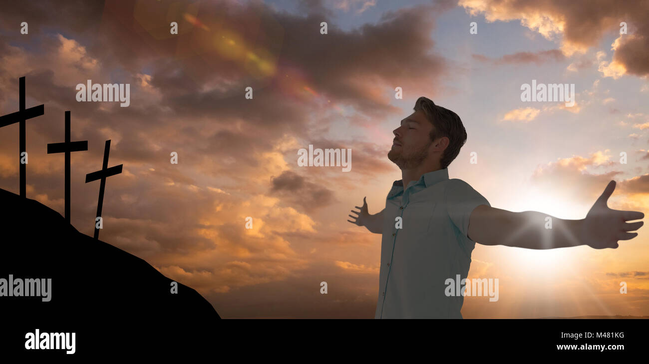 Immagine composita del bel giovane in posa con braccia Foto Stock