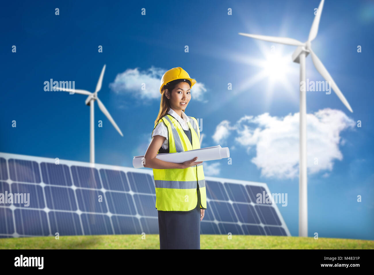 Immagine composita di architetto donna con casco giallo e piani Foto Stock