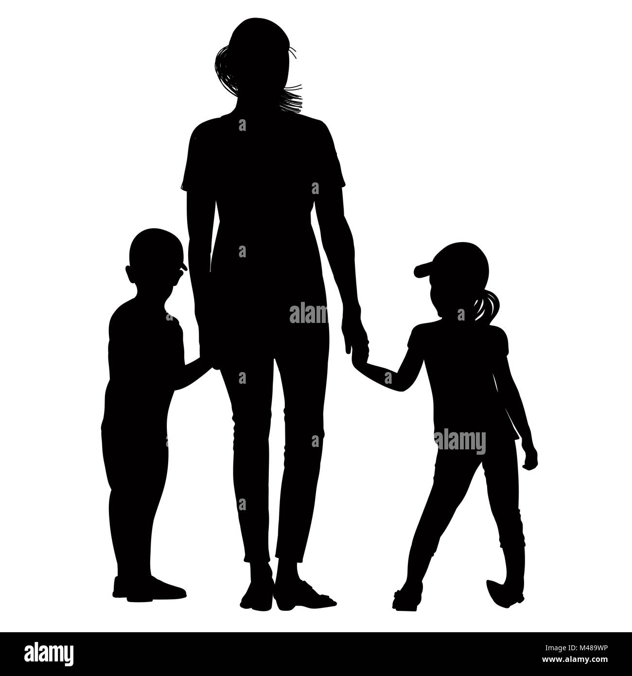 Silhouette Della Madre Per Mano Di Suo Figlio E Figlia Foto Stock Alamy