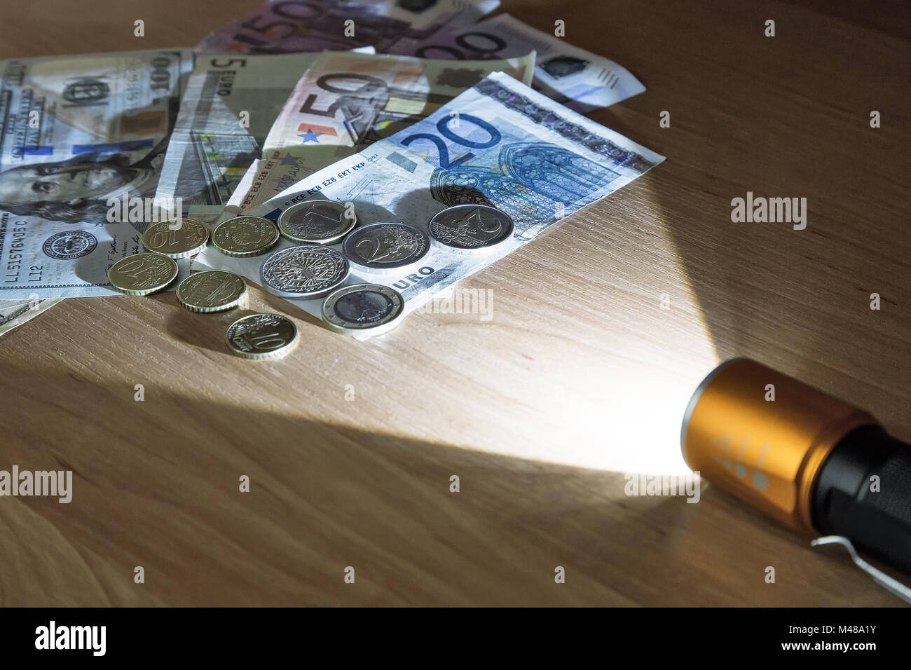 Denaro nel fascio di luce della torcia elettrica. Foto Stock