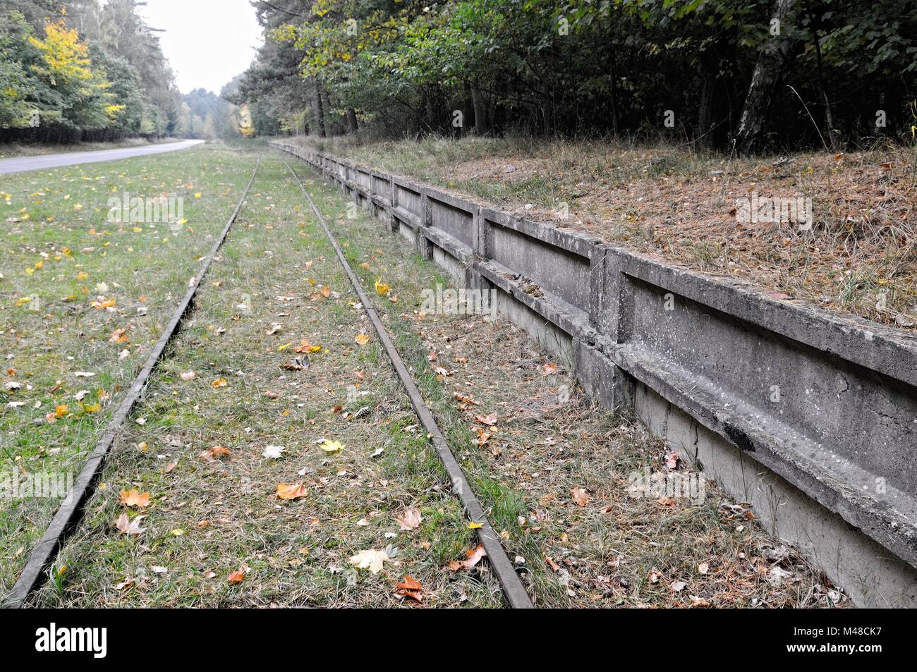I binari ferroviari per l'ex installazioni militari Peenemünde Germania Foto Stock