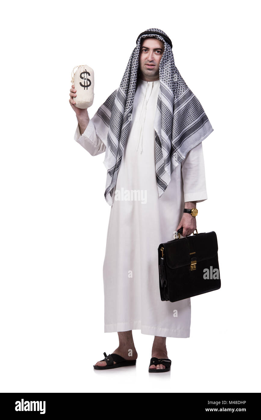 Uomo arabo con sacchi di denaro isolato su bianco Foto Stock