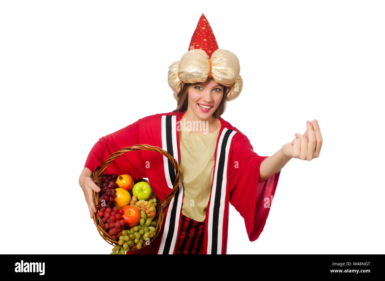 Procedura guidata di donna in abiti rosso isolato su bianco Foto Stock