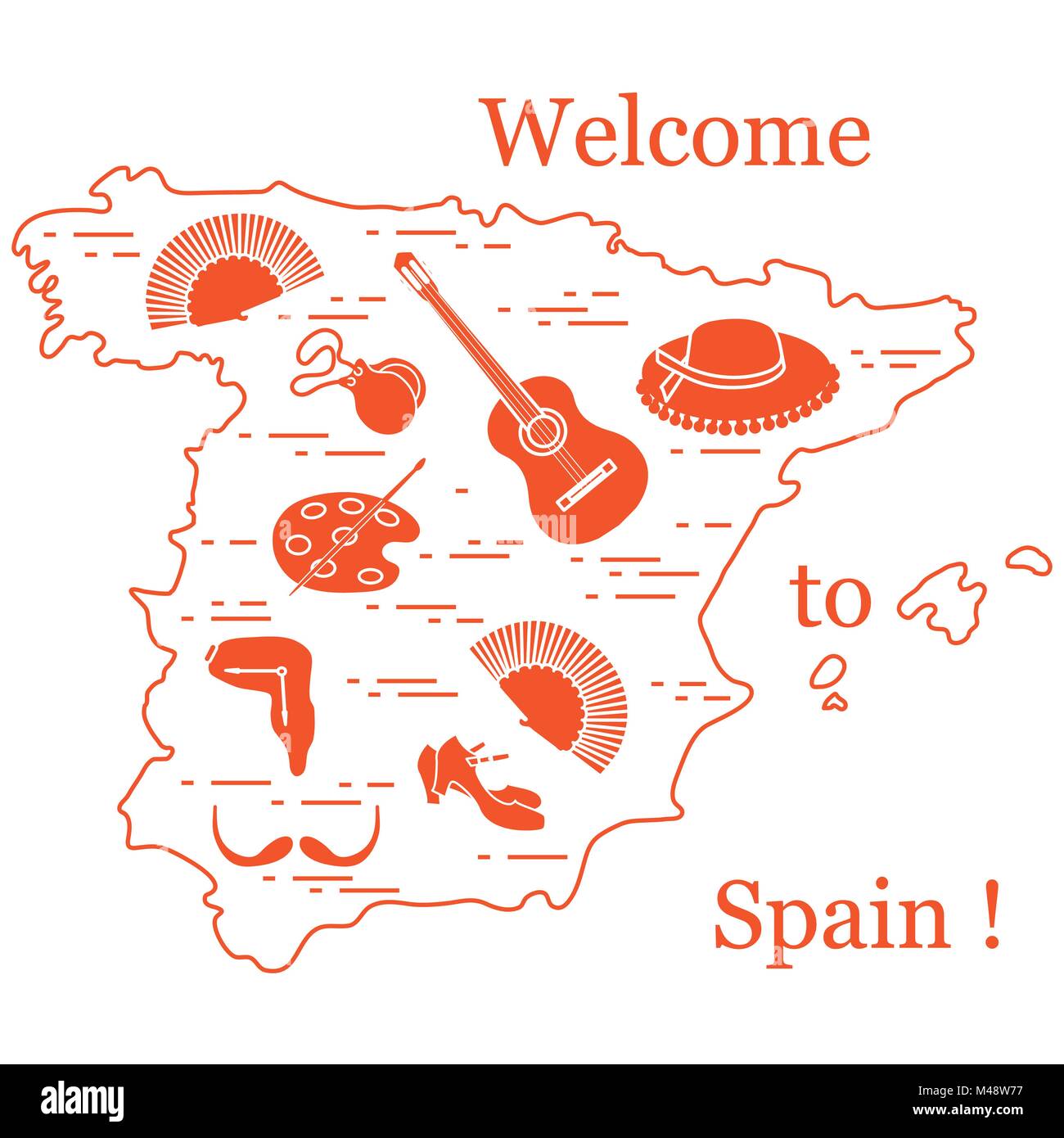 Illustrazione Vettoriale con vari simboli di Spagna disposti in un cerchio. Viaggi e tempo libero. Design per banner, poster o di stampa. Illustrazione Vettoriale