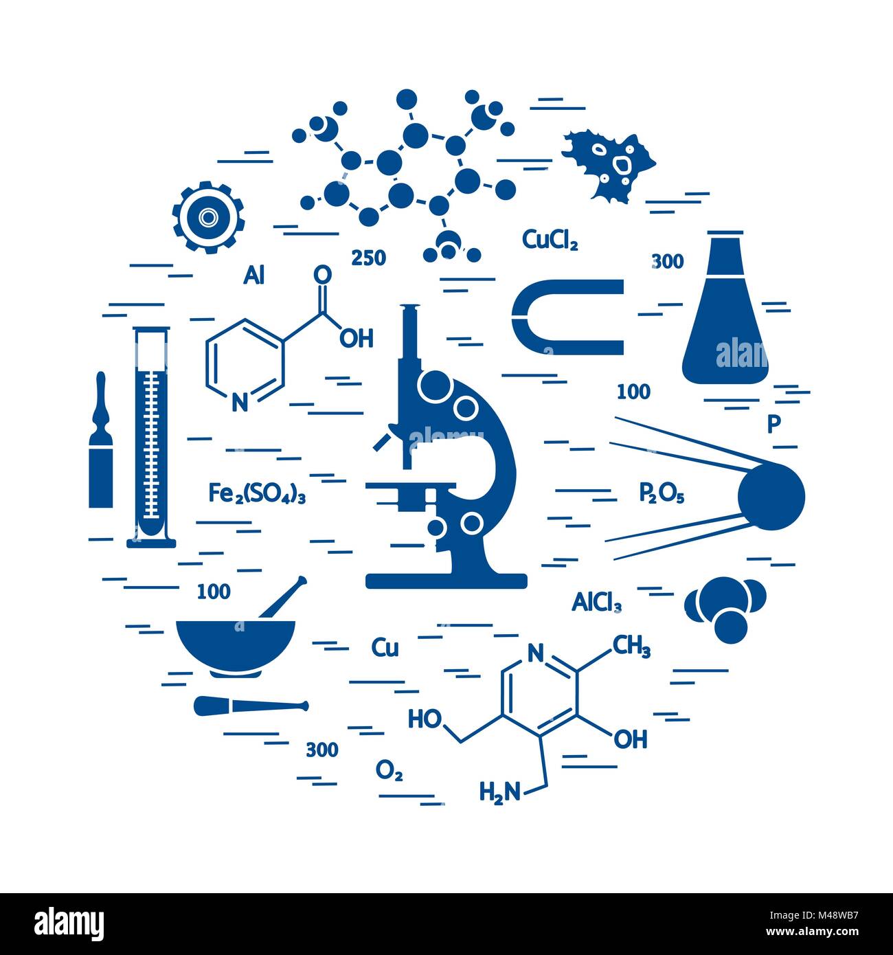 Stilizzato icona vettore di varietà scientifico, istruzione elementi:  microscopio, pallone, formula, il pestello e altri. Design per banner,  poster o di stampa Immagine e Vettoriale - Alamy