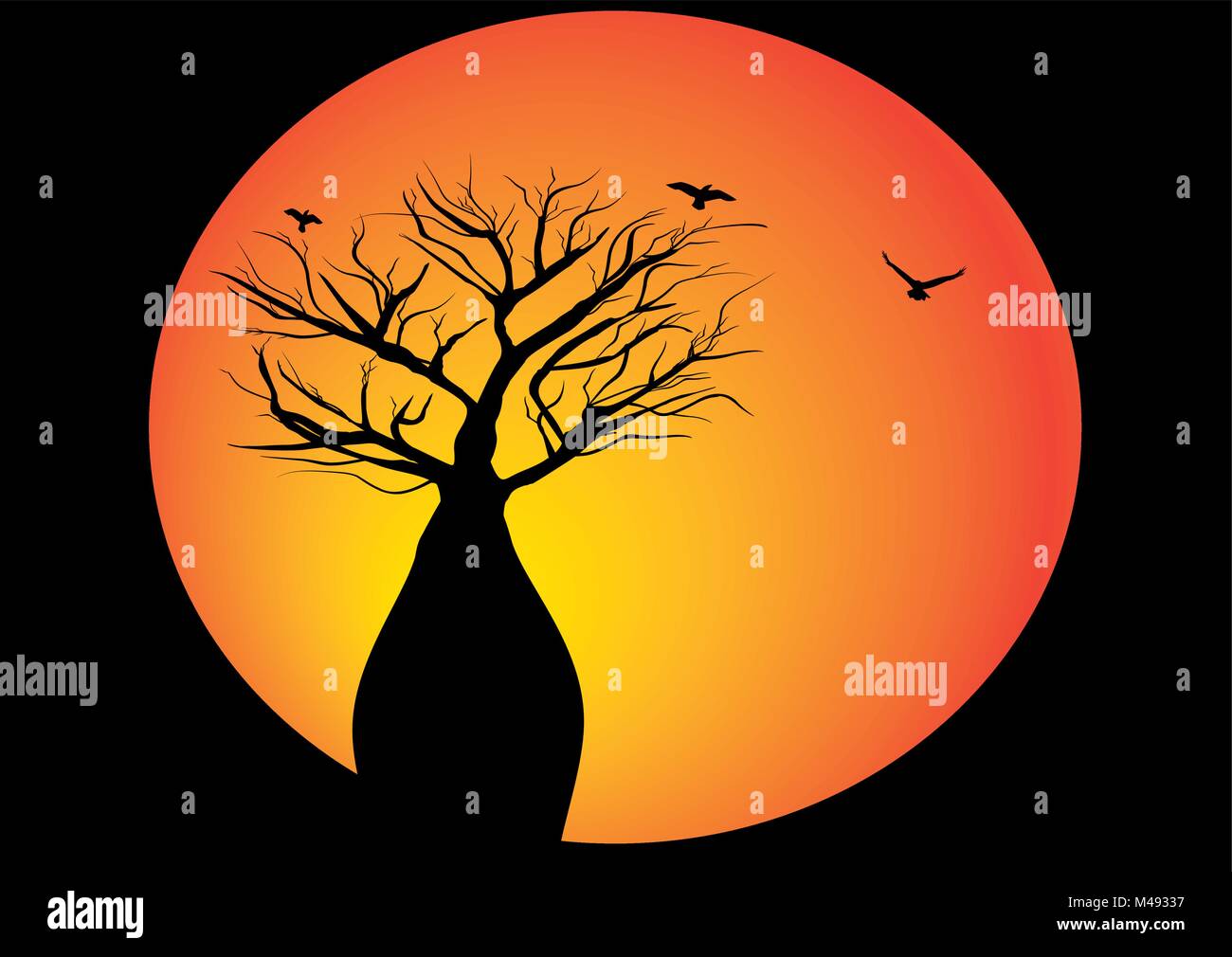 Boab tree con la luna e gli uccelli di volare intorno alla struttura ad albero Illustrazione Vettoriale