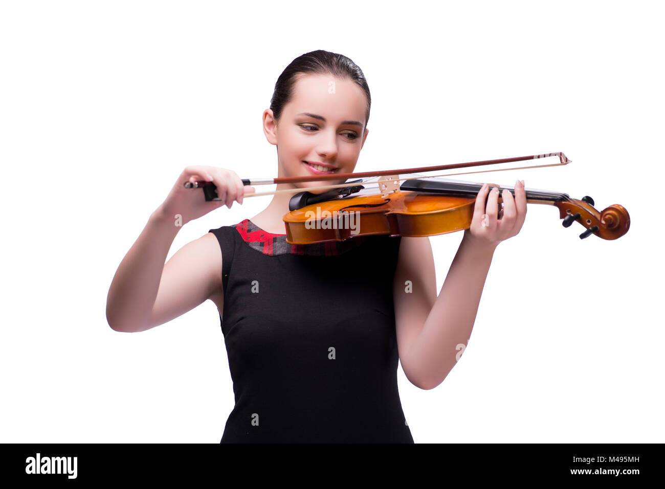 Elegante giovane violinista isolato su bianco Foto Stock