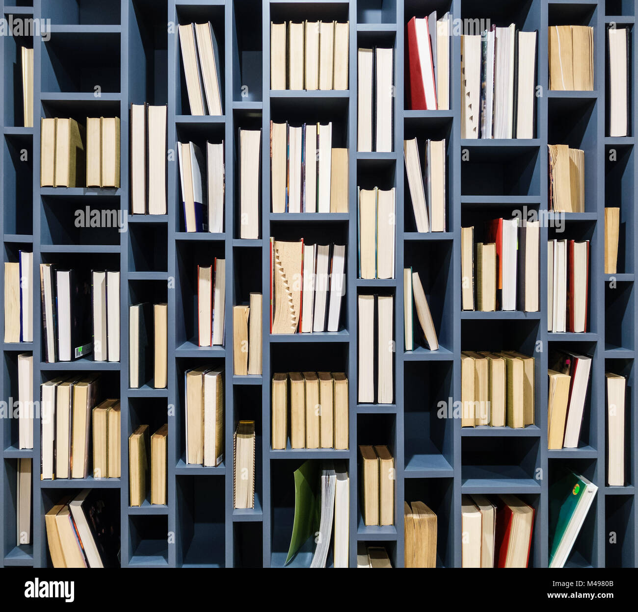 Libri su blu scaffale di legno. Prenota fore bordi rivolti verso la parte anteriore. Foto Stock