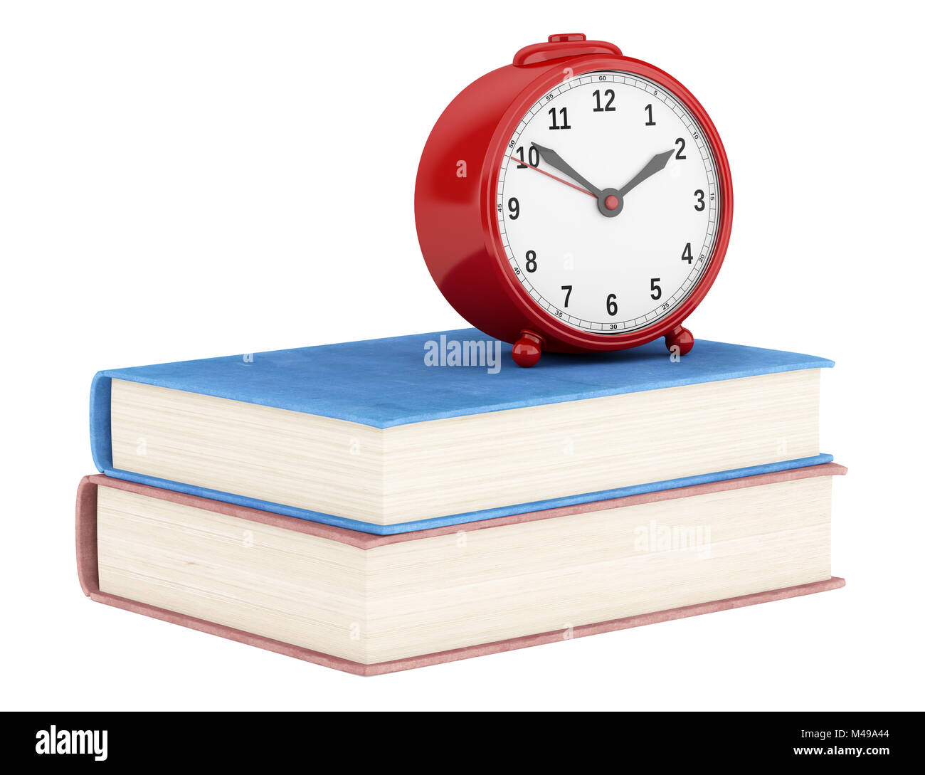 Sveglia rossa con due libri isolati su sfondo bianco Foto Stock
