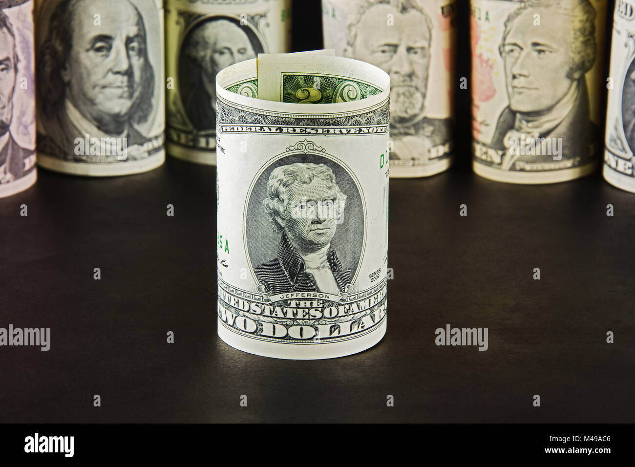 Ritratto di Thomas Jefferson su due-dollar banconota Foto Stock