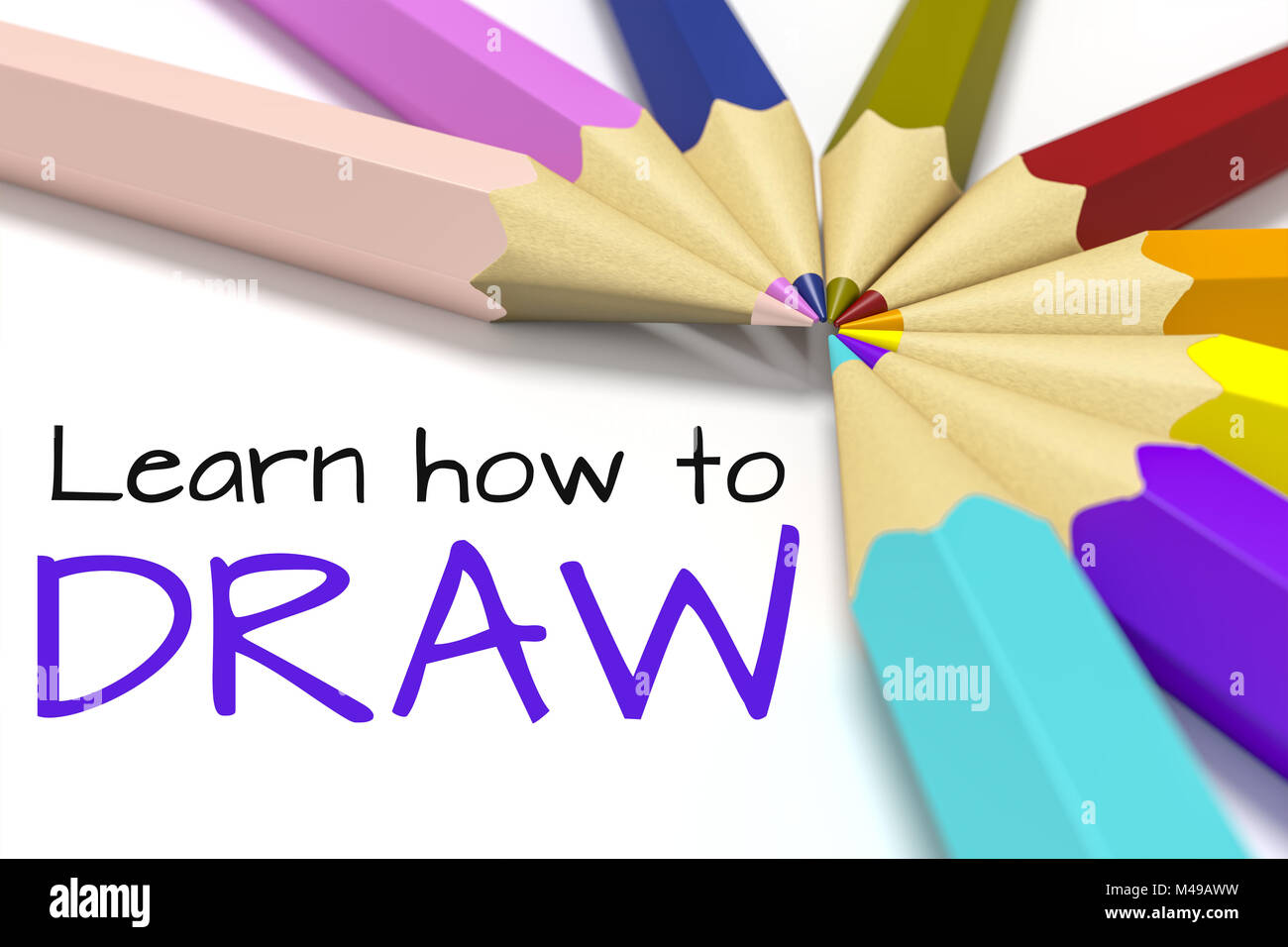 Alcune matite a colori con testo imparare a disegnare Foto Stock