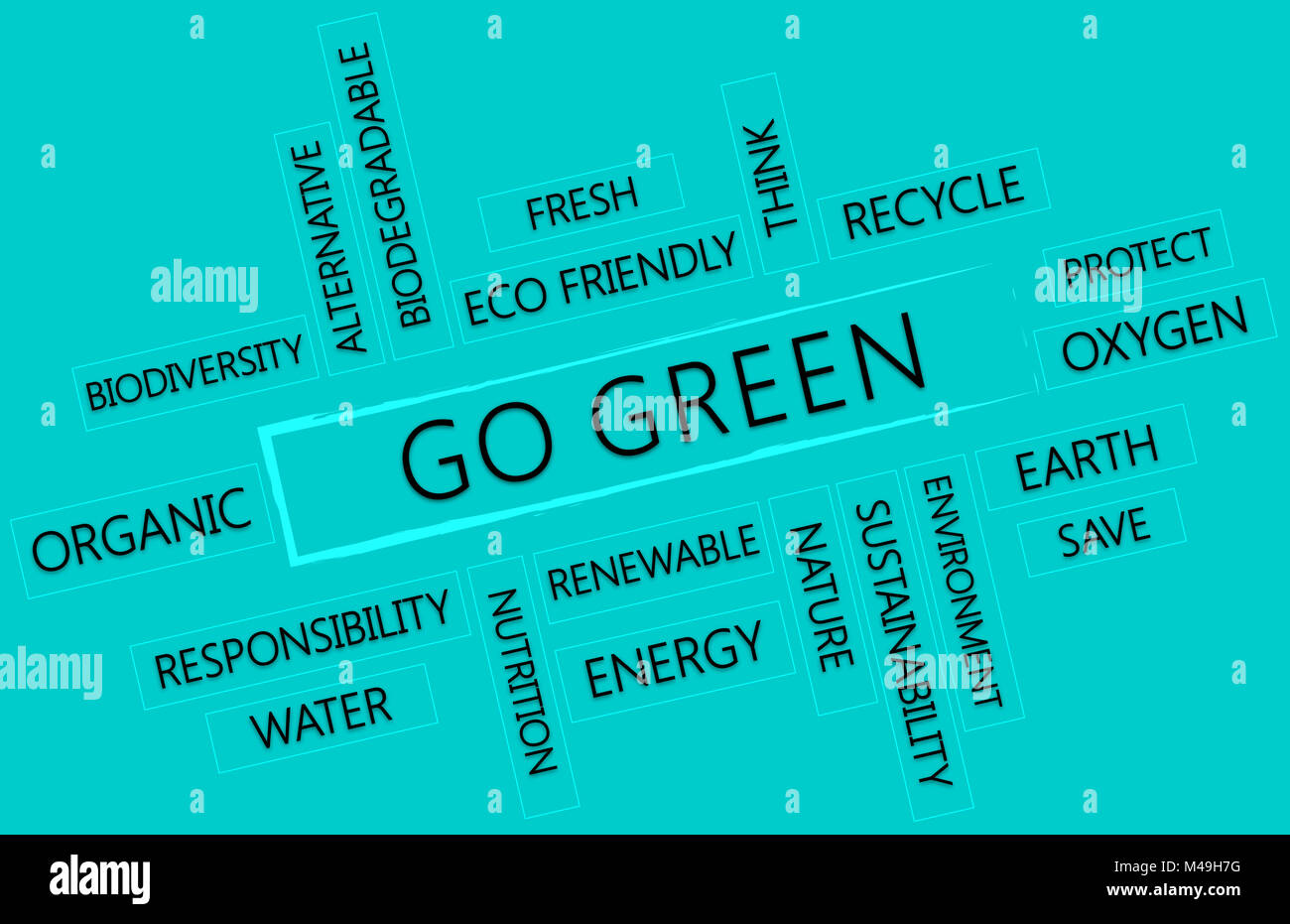 GO GREEN. Parola concettuale cloud su aqua sfondo verde con lettere in nero Foto Stock