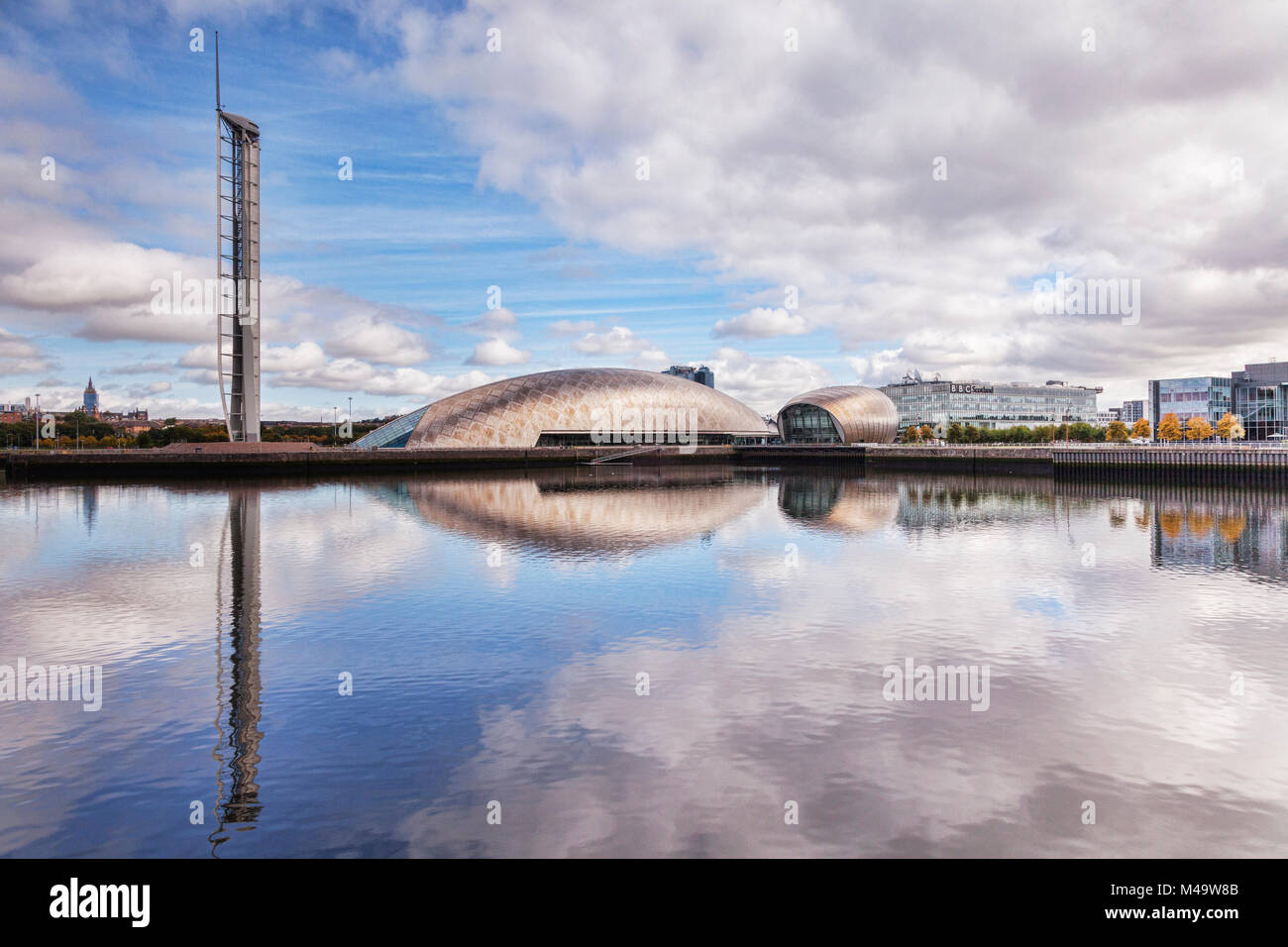 La torre di Glasgow, il Science Center, il Cinema Imax e BBC Scotland HQ, parte del Clyde Waterfront rigenerazione, Glasgow, Scotland, Regno Unito Foto Stock