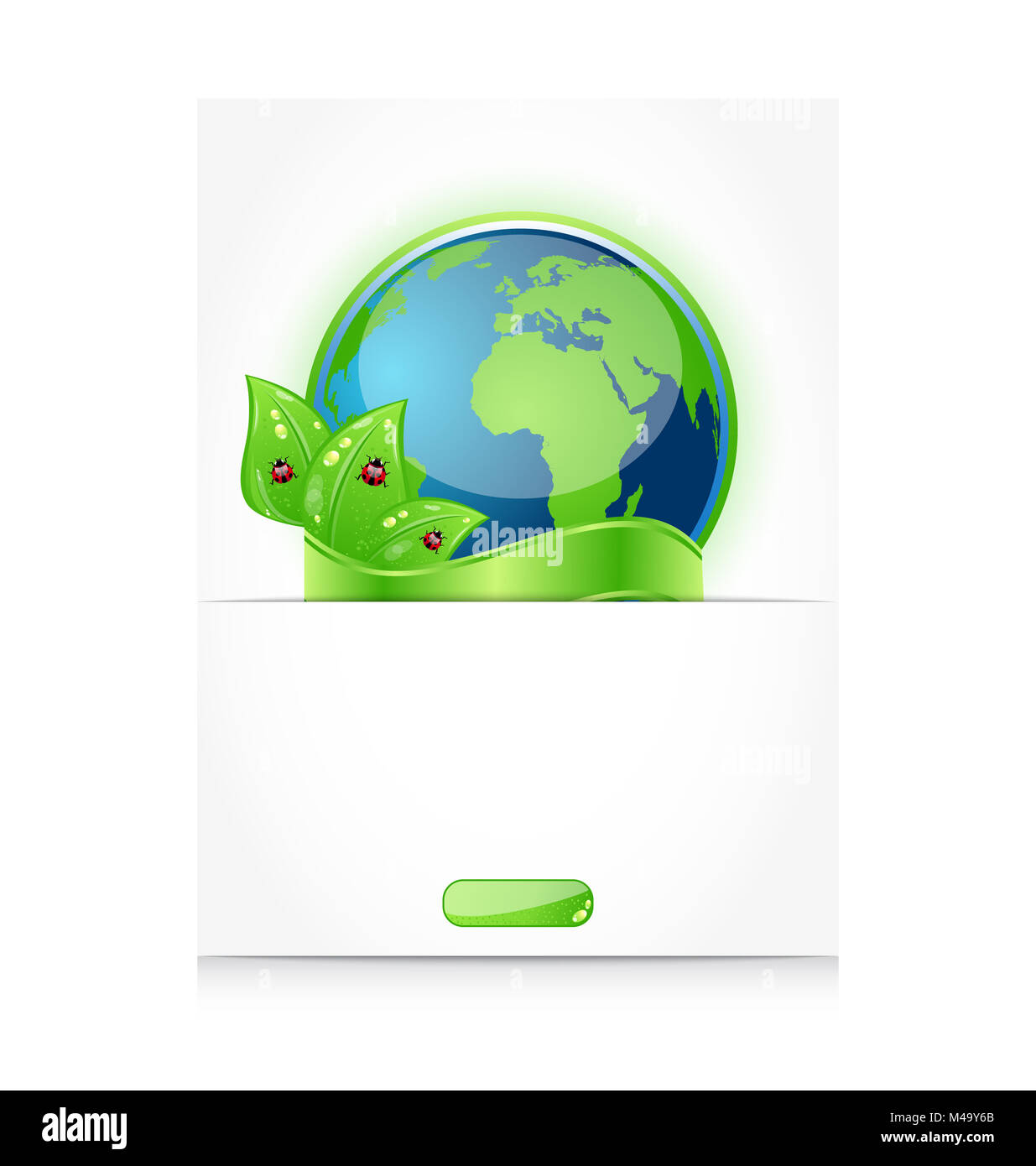 Terra verde con foglie e ladybugs, carta con emblema Foto Stock