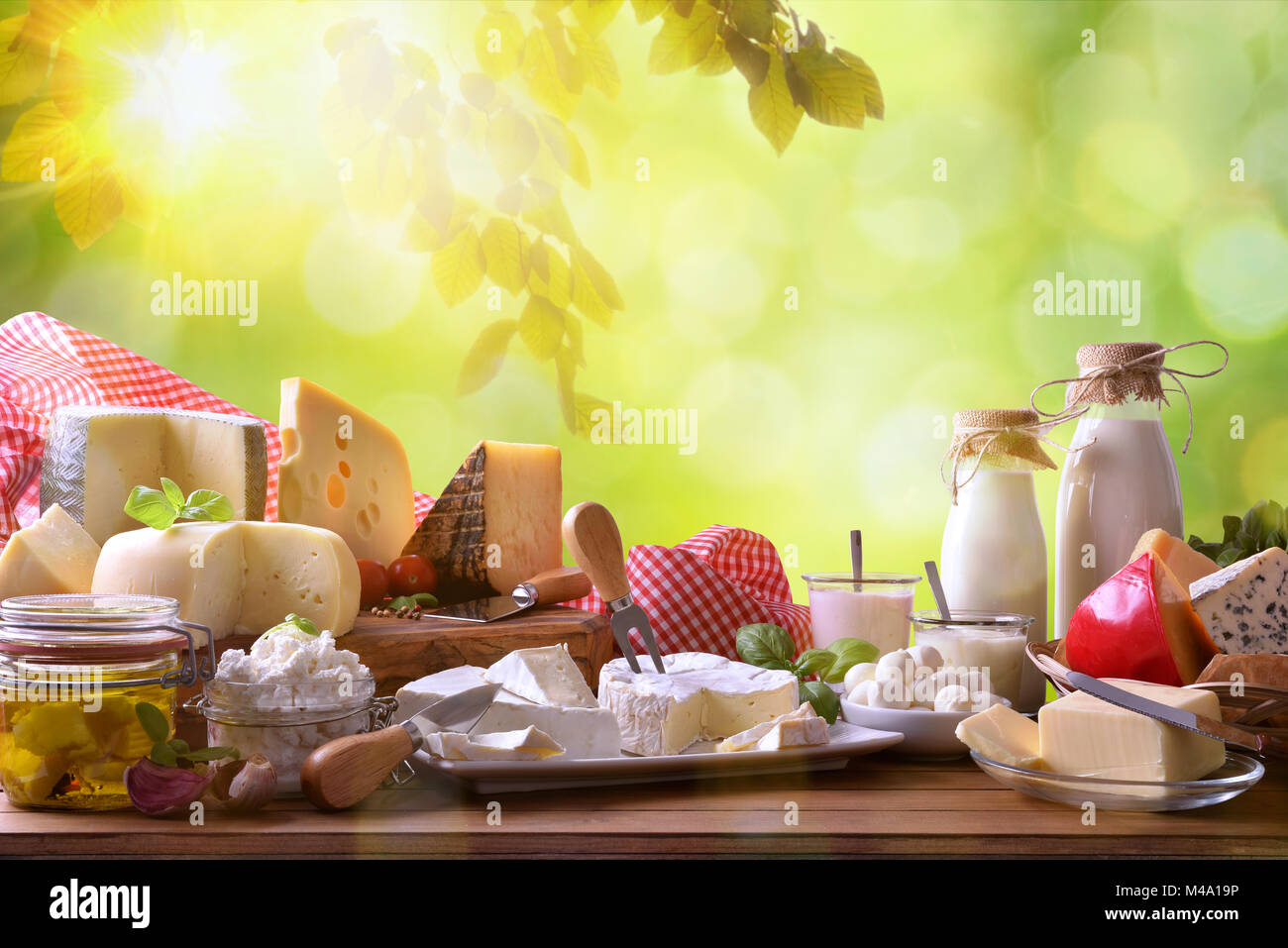 Grande assortimento di caseificio artigianale prodotti su di un tavolo di legno con sfondo verde con foglie. Vista frontale. Composizione orizzontale Foto Stock