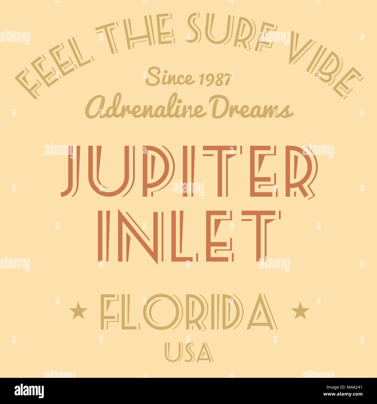 T-shirt design - grafica di moda. Vacanza surf tipografia. Ingresso di Jupiter, Florida, Stati Uniti d'America. Illustrazione Vettoriale