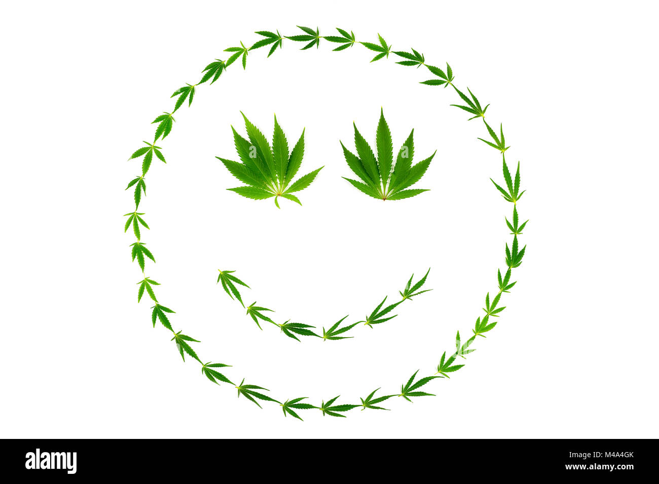 Faccia come smiley fatta di foglie di canapa su bianco Foto Stock