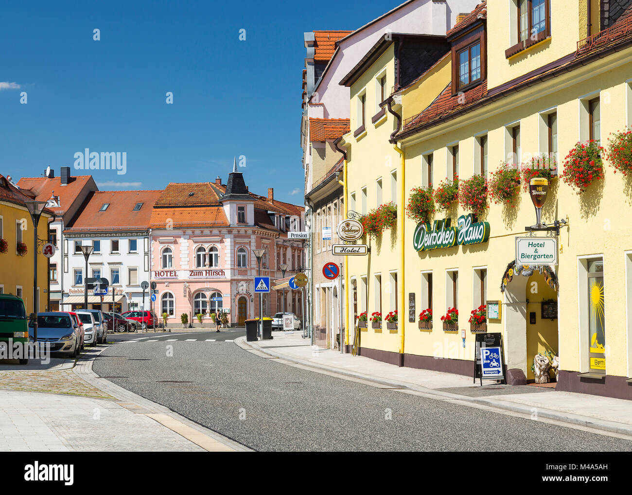 Centro città,hotel ed edifici residenziali,Radeburg,Sassonia, Germania Foto Stock