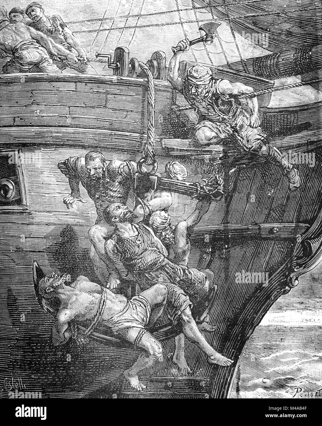 I pirati di uccidere il rivale pirati per annegamento di loro attaccato ad un elemento di ancoraggio (incisione, 1880) Foto Stock