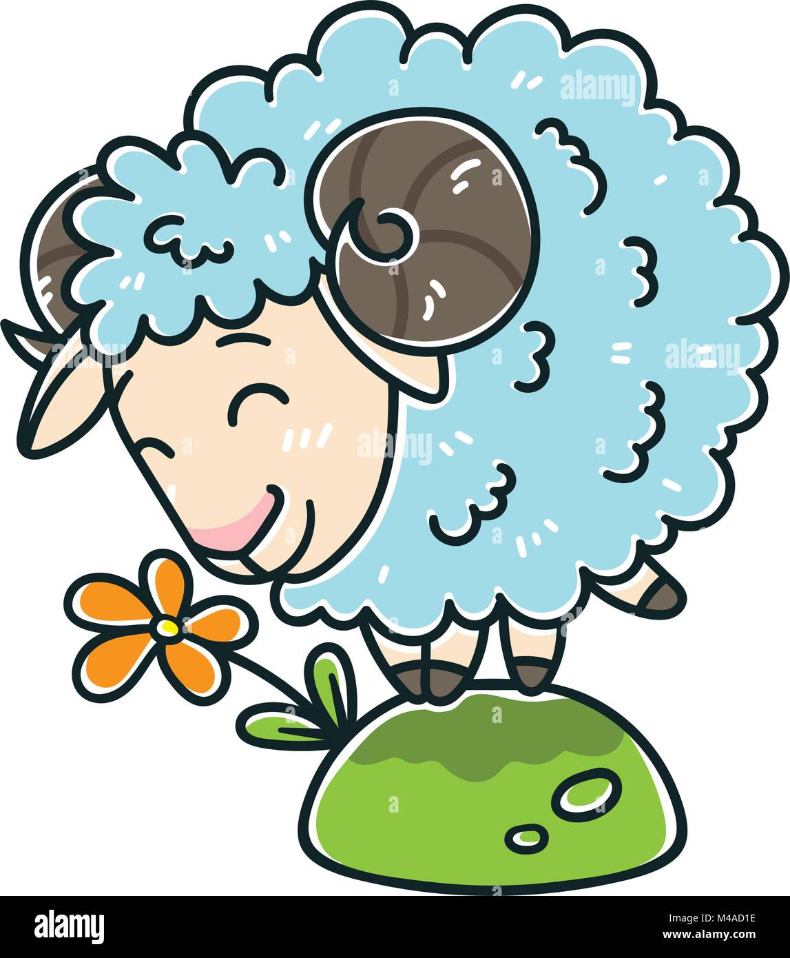 Pecora con un fiore. Oggetti isolati su sfondo bianco. Illustrazione Vettoriale. Illustrazione Vettoriale