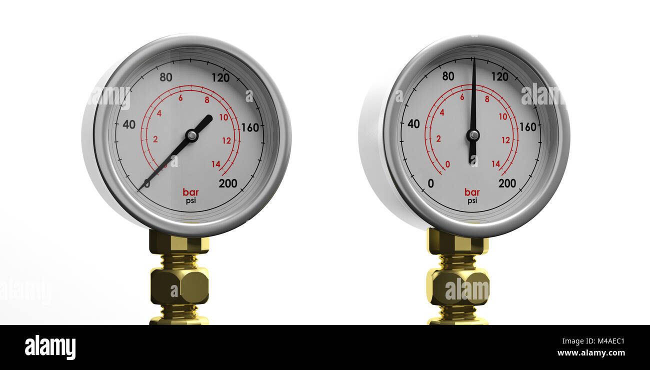 Due industrie di gas ad alta pressione dei manometri isolati su sfondo bianco, vista frontale. 3d illustrazione Foto Stock