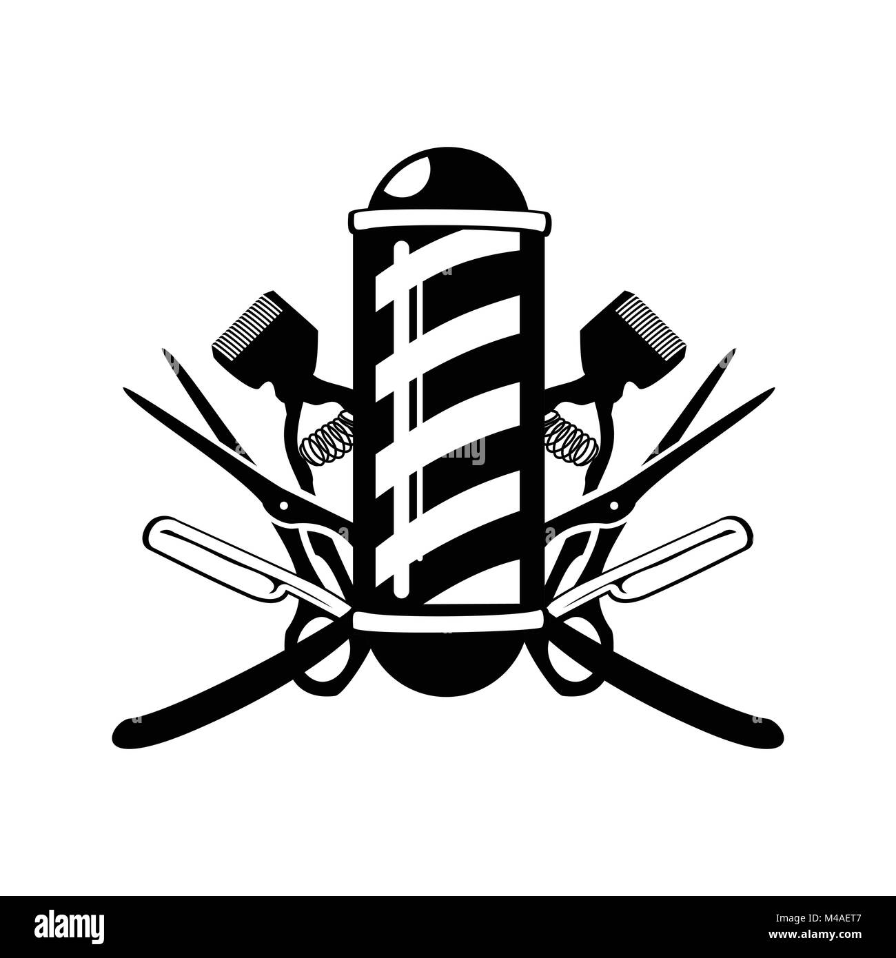 Barbiere Pole con forbici, il rasoio e il vecchio Clippers emblema simbolo Vector Graphic Design badge Illustrazione Vettoriale