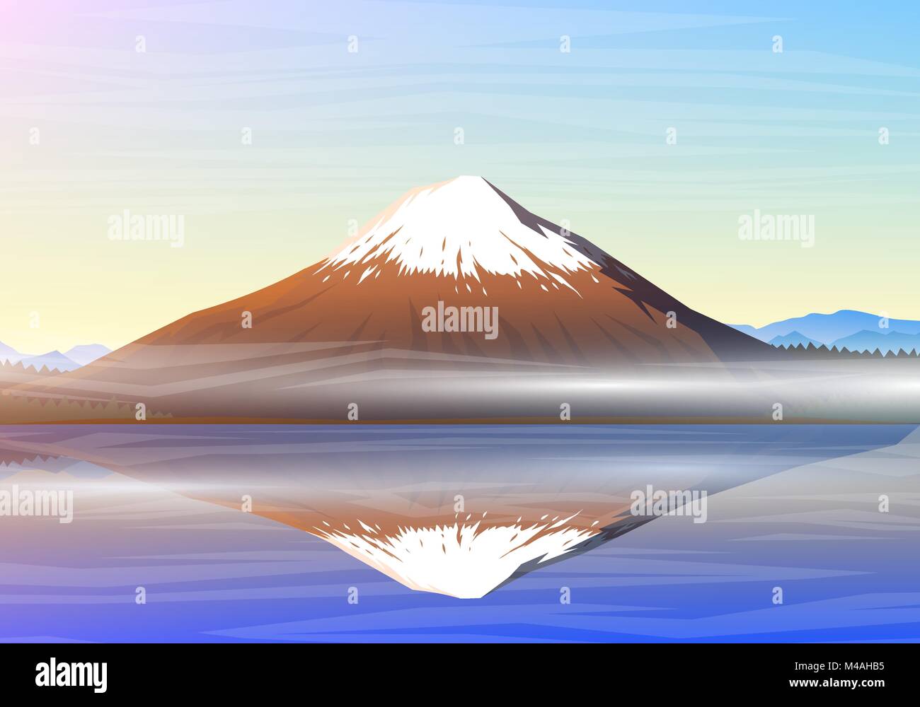 Monte Fuji, mattina vista panoramica con la riflessione sul lago kawaguchiko, picchi, paesaggio presto in un giorno. viaggio o in campeggio, arrampicata, vettore. Outdoor hill tops, Giappone. Illustrazione Vettoriale