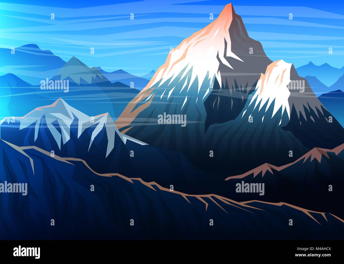 Everest, sera vista panoramica dei picchi, paesaggio presto in un giorno. viaggio o in campeggio, arrampicata. Outdoor hill tops, Nepal. Illustrazione Vettoriale